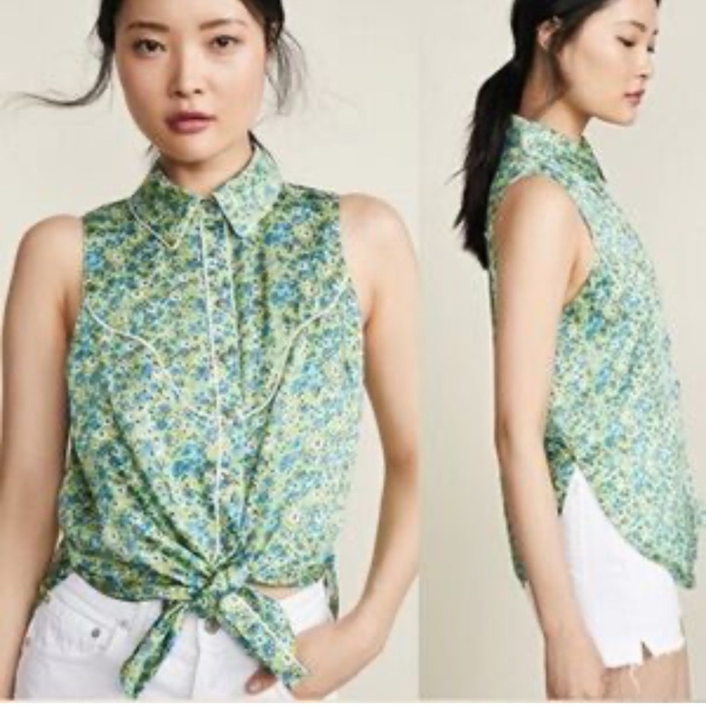 Cinq a Sept Size Small the Leon Silk‎ Green Sequin Pearl snap Button Down Blouse